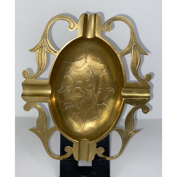 Antique Brass Ornate Ashtray 7.9” Long Heavy Thick - Picture 3 of 6